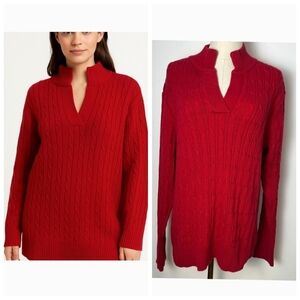 Liz Clairborne Woman Red Cotton V neck cable knit sweater with collar